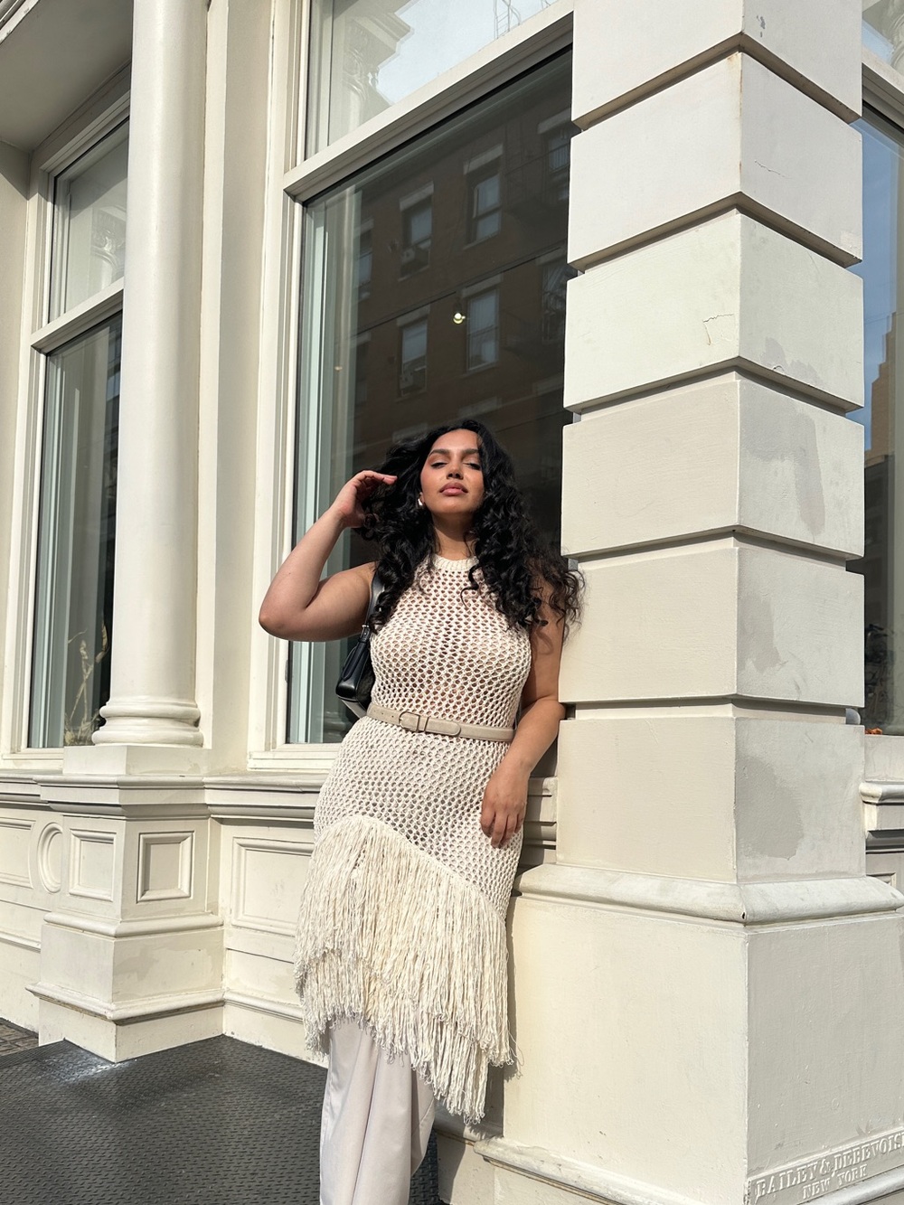 & Other Stories Cream Crochet Midi Dress with Fringe
